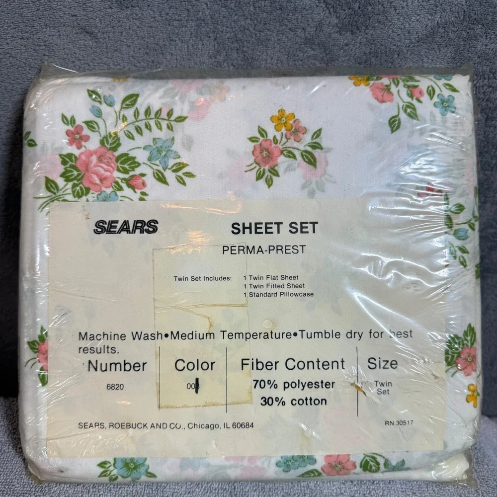Vintage‎ Sears Perma Prest Sheet Set Floral Twin Size 66 X 104 Style Number 6820
